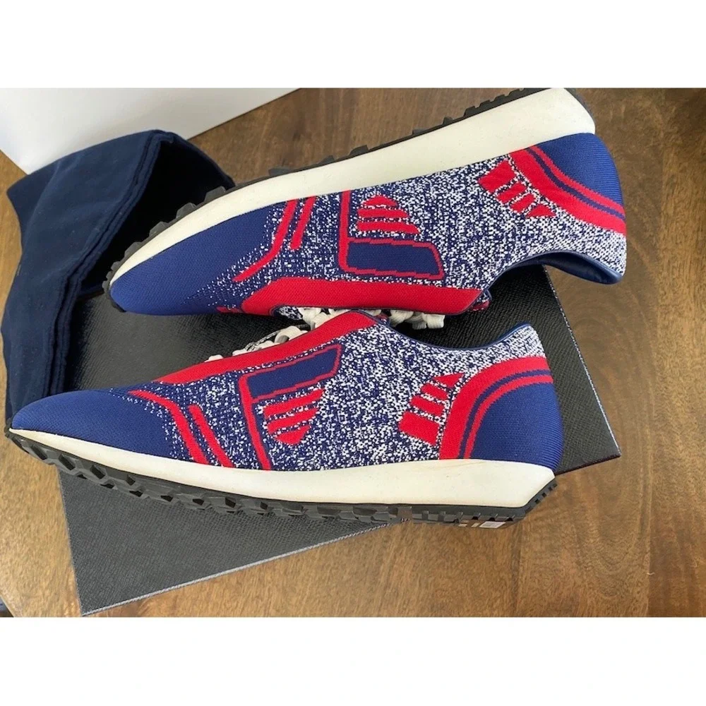 PRADA 2EG272 RED‎ BLUE FABRIC TRAINERS KNIT LOGO LACE UP SNEAKERS UK 7